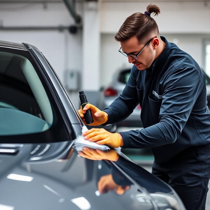 Professional car detailer at work